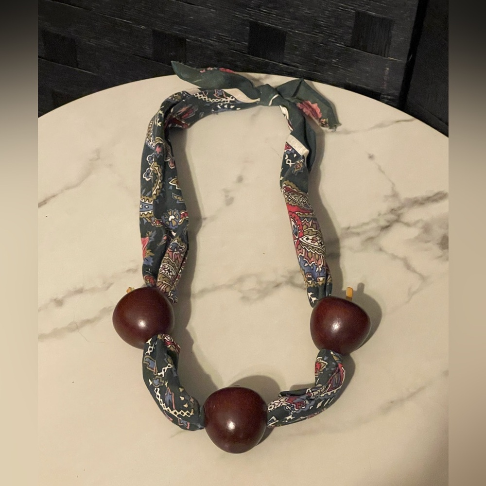 Necklace Handmade Bandana Fabric Wooden Painted Apple Beads Teacher Gift Vintage